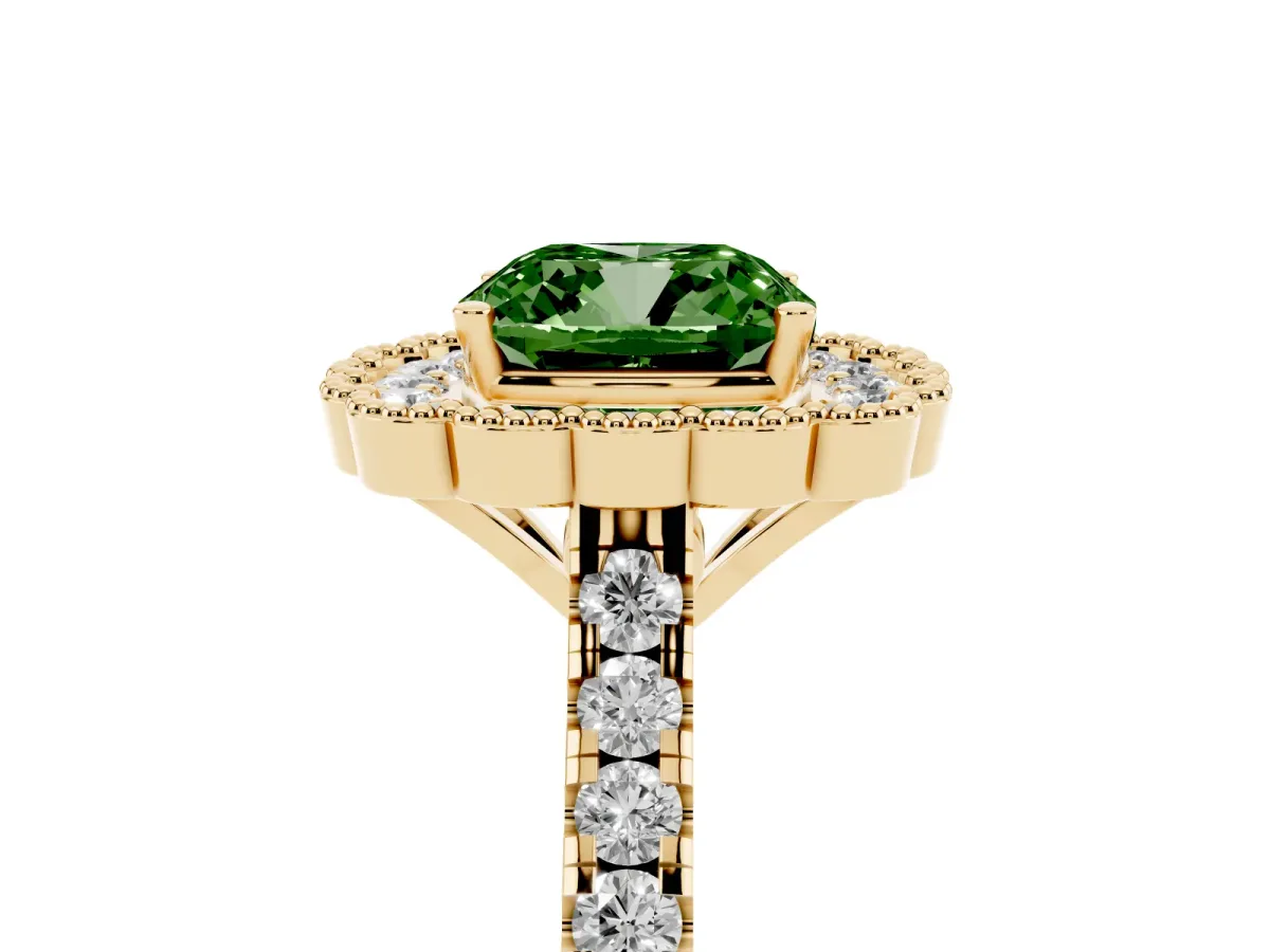 Fancy Green Cushion Cut Cut Diamond Milgrain Floral Halo Engagement Ring with Pavé Band Yellow gold