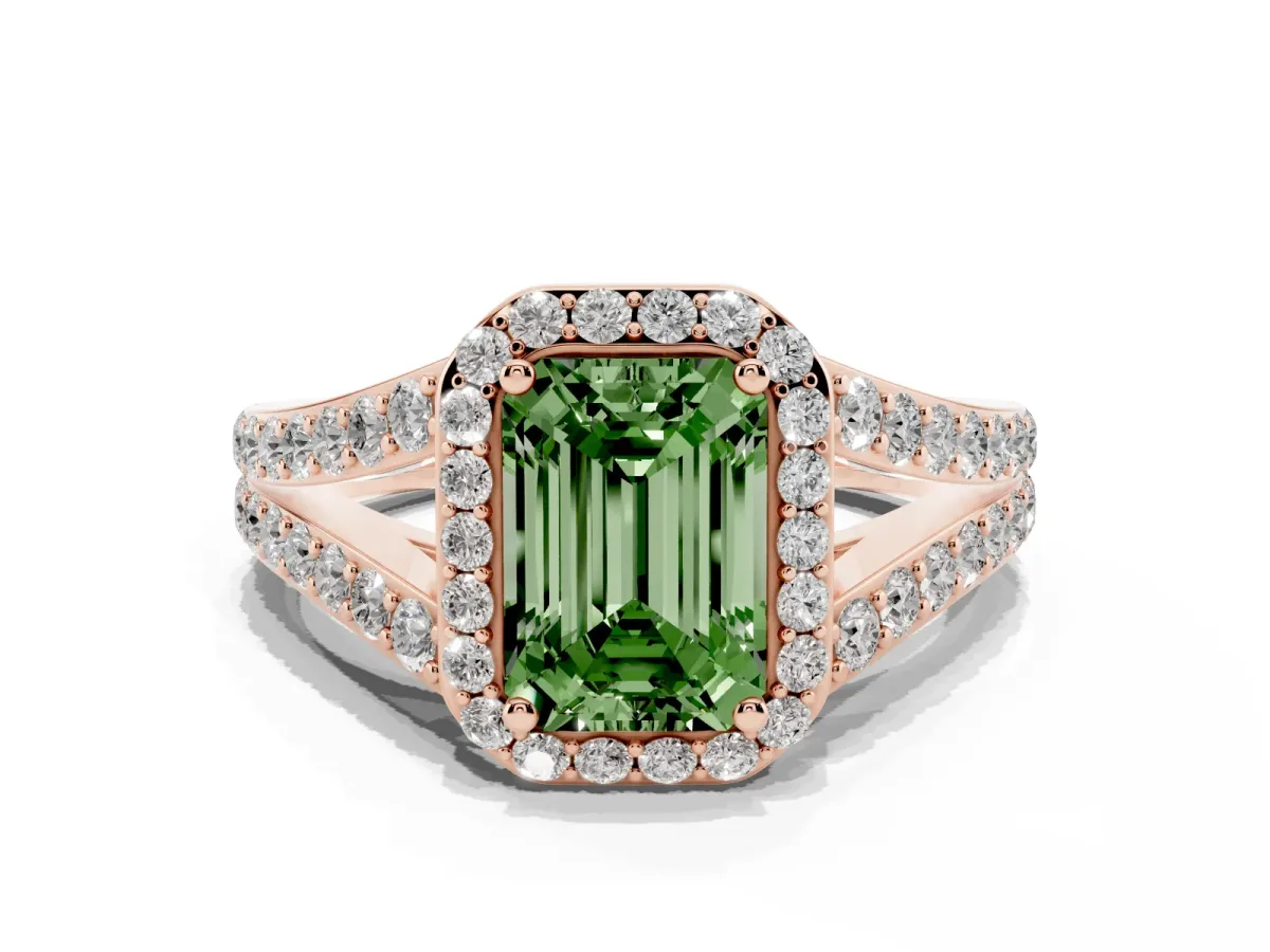 Fancy Green Emerald Cut Diamond Split Shank Halo Ring with Four-Prong Setting Rose gold