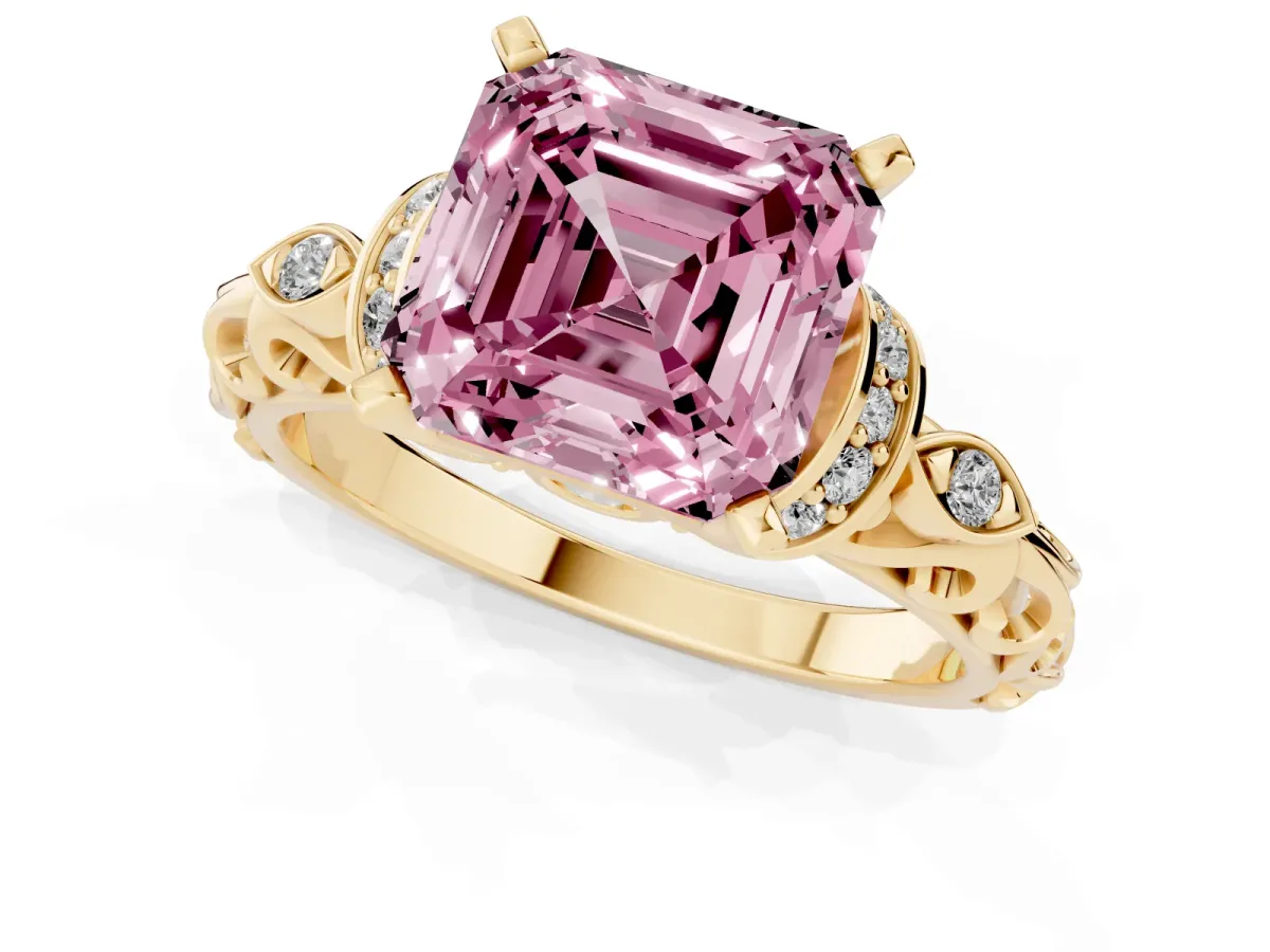 Fancy Pink Asscher Cut Diamond Solitaire Ring with Filigree Band and Four-Prong Setting Yellow gold