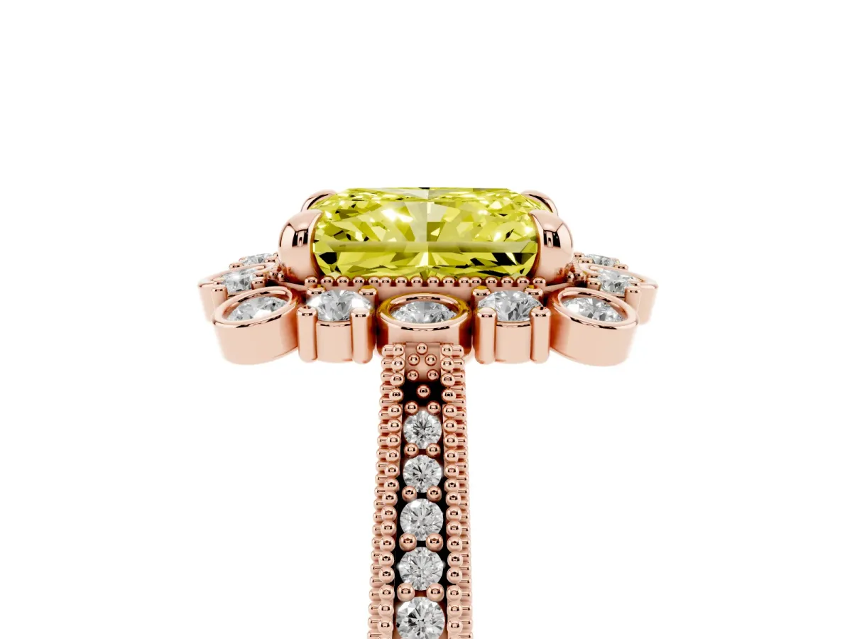 Fancy Yellow Radiant Cut Halo Milgrain Pave Diamond Ring with Four-Prong Setting Rose gold