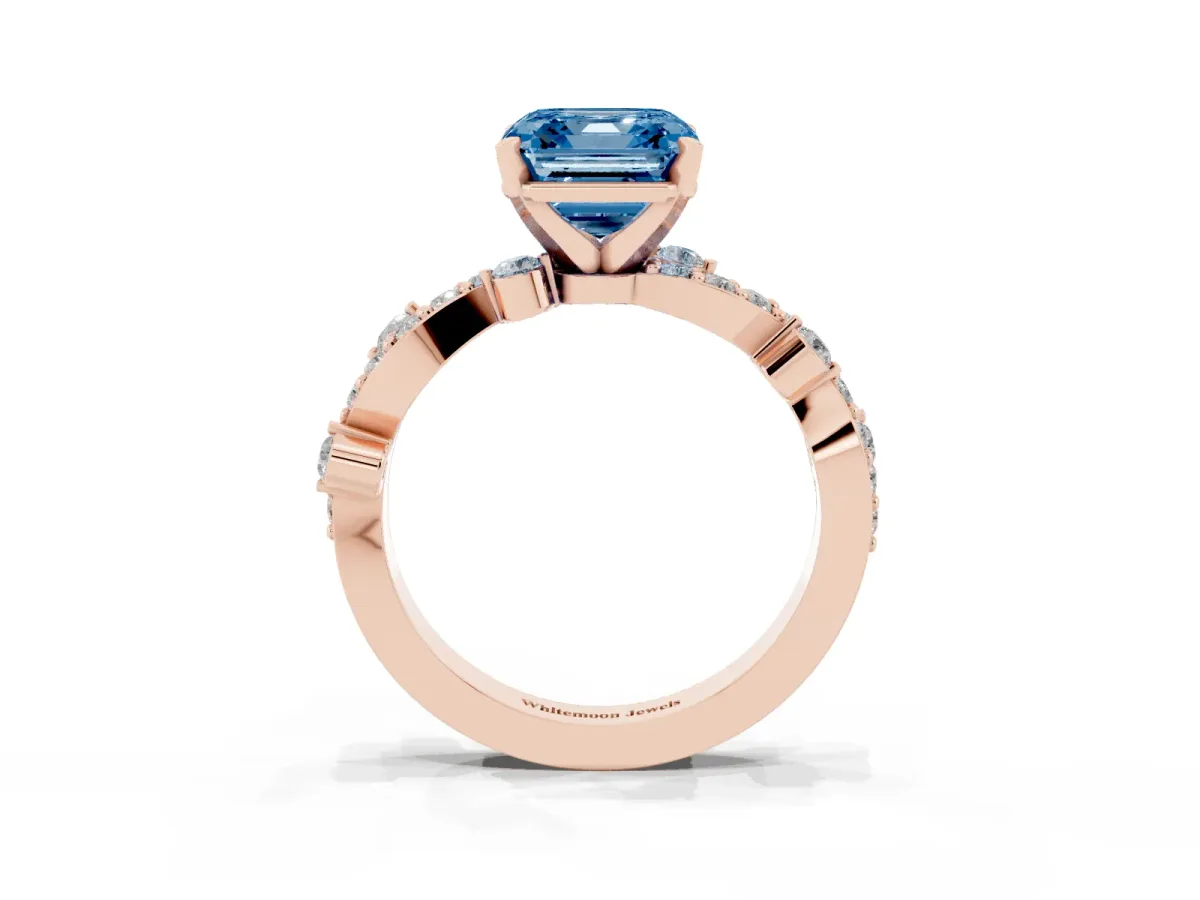 Fancy Blue Asscher Cut Cut Solitaire Diamond Twisted Band with Pave Setting Rose gold