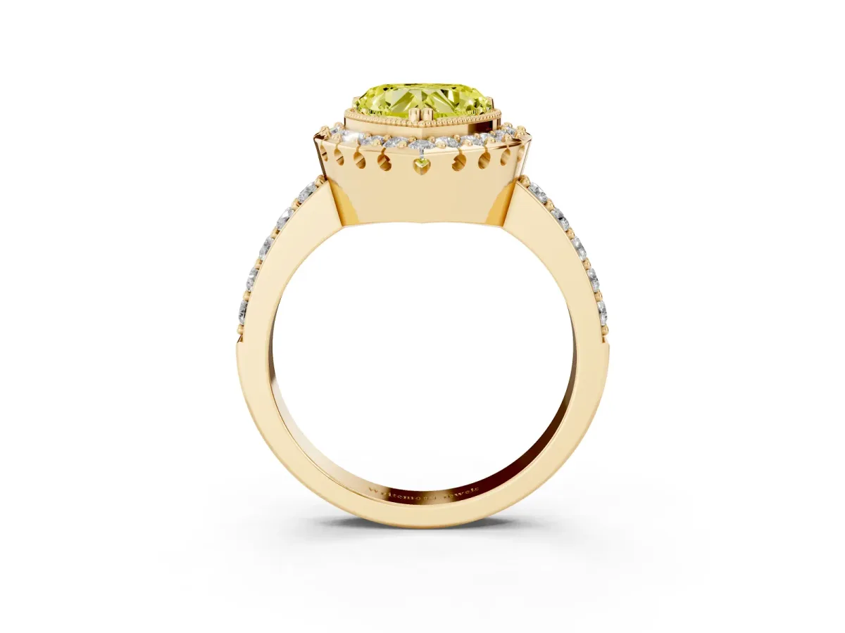 Fancy Yellow Heart Cut Diamond Halo Ring with Pavé Band and Prong Setting Yellow gold