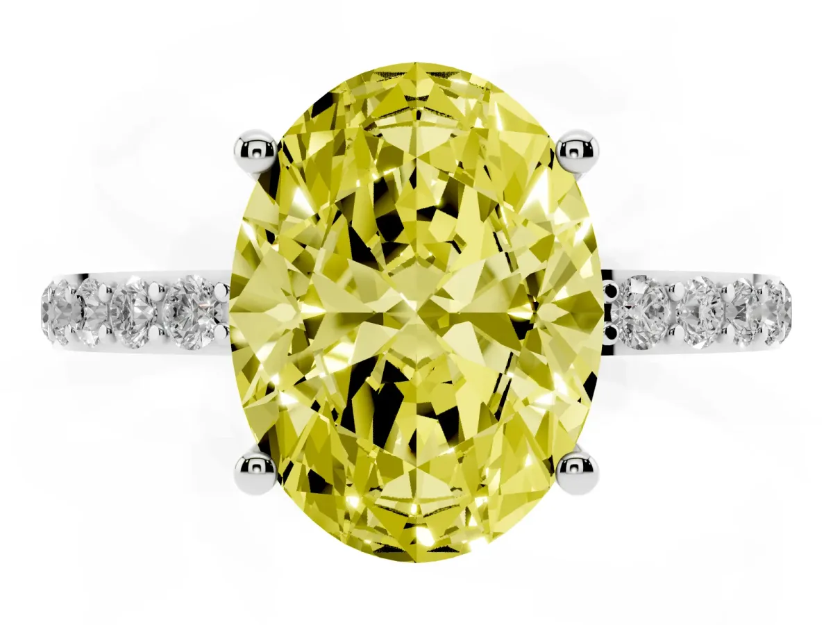 Fancy Yellow Oval Cut Diamond Solitaire Ring with Round Pavé Shoulders and Prong Setting Silver