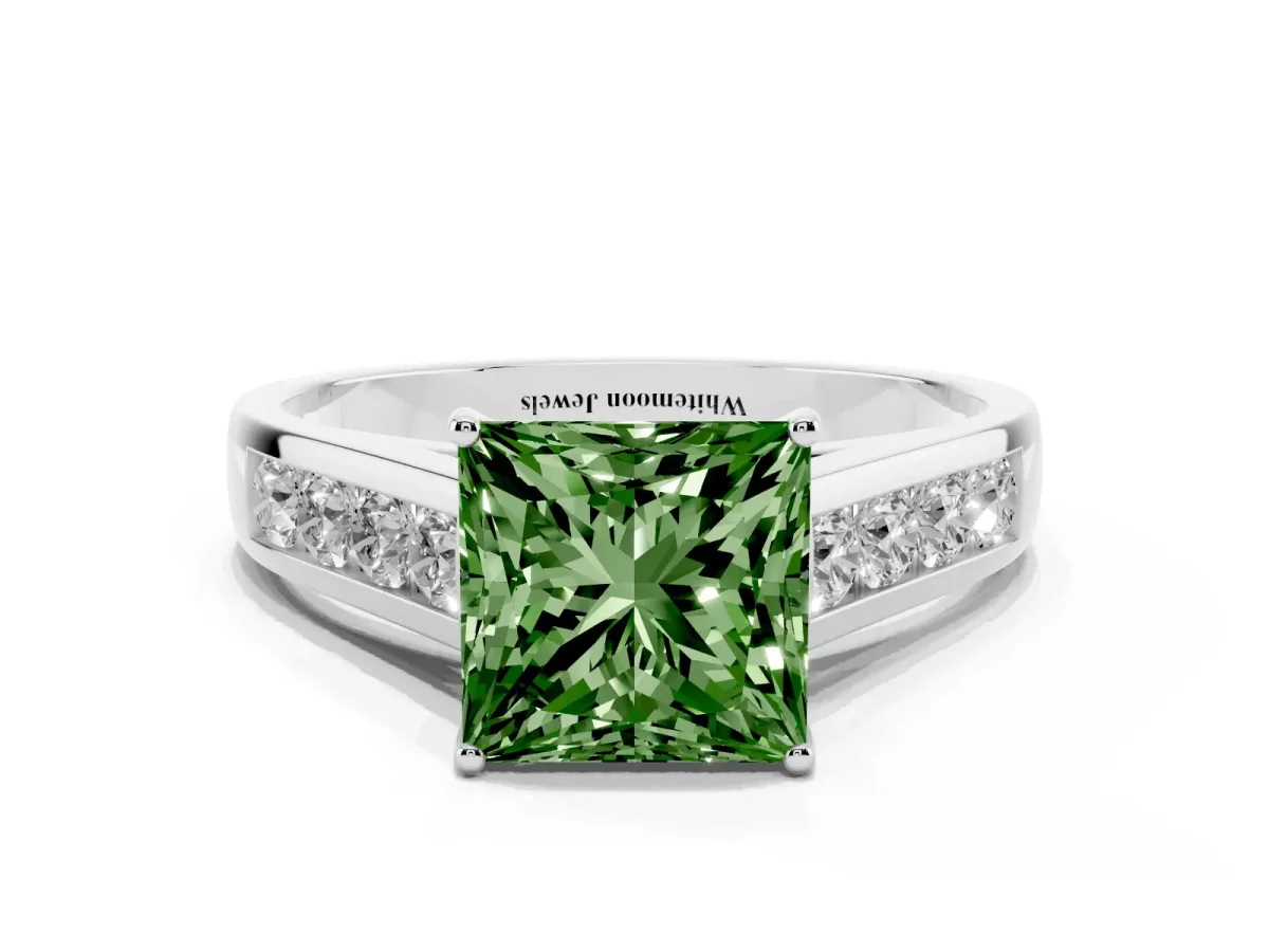 Fancy Green Princess Cut Brilliant Channel-Set Solitaire Ring with Four-Prong Setting Platinum