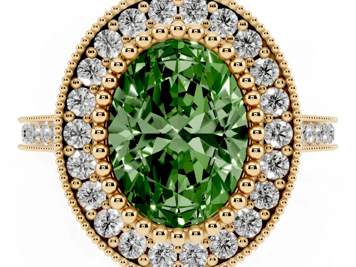 Fancy Green Oval Cut Diamond Halo Ring with Milgrain Frame and Pavé Band Yellow gold