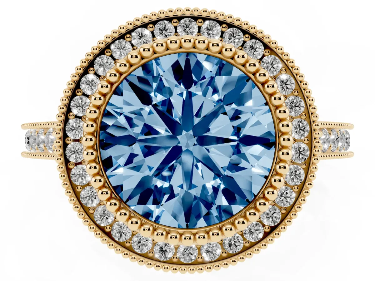 Fancy Blue Round Cut Diamond Halo Ring with Milgrain Frame and Pavé Band Yellow gold