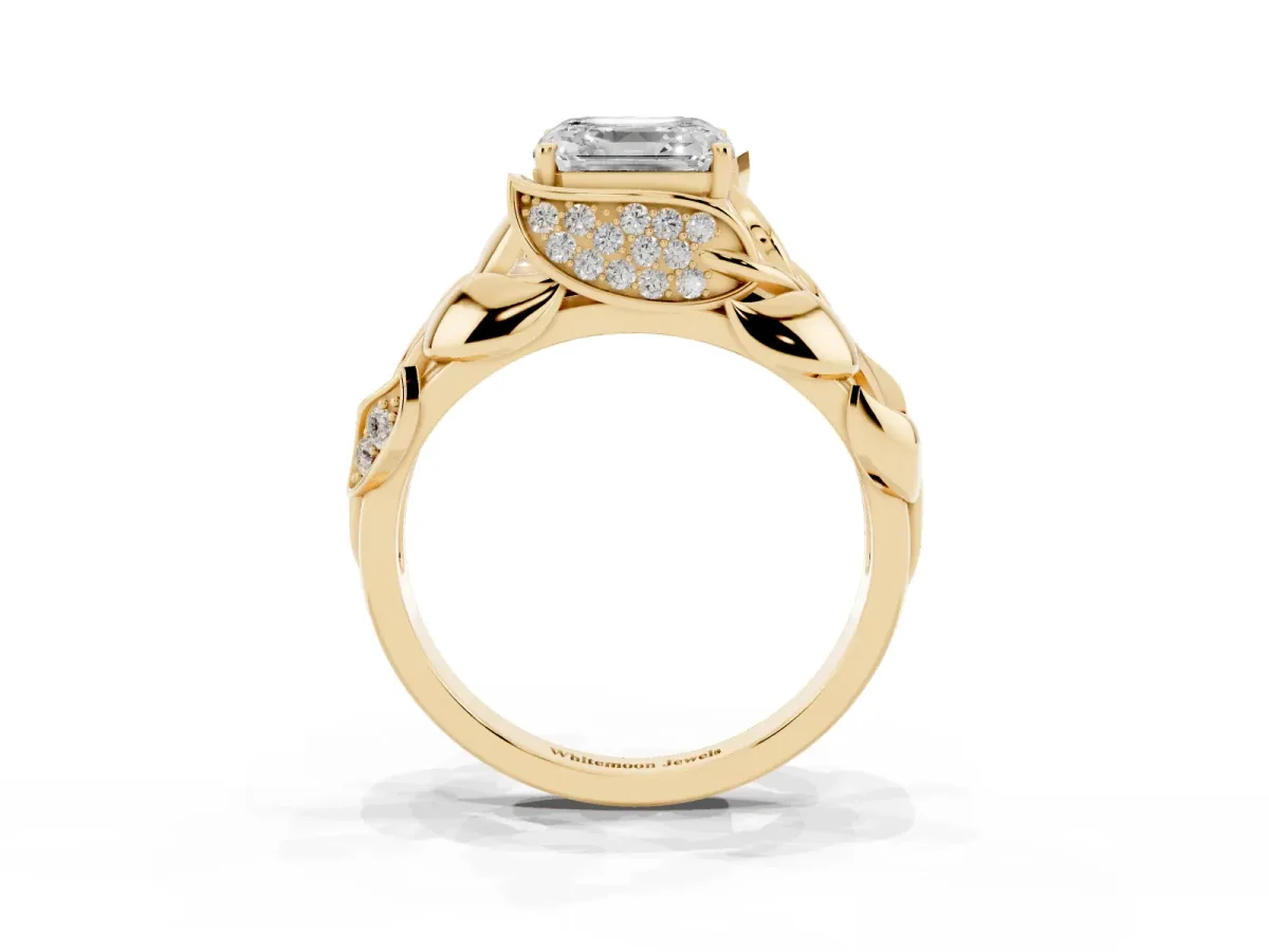 Asscher Cut Diamond Leaf-Inspired Engagement Ring with Round Accents and Prong Setting Yellow gold