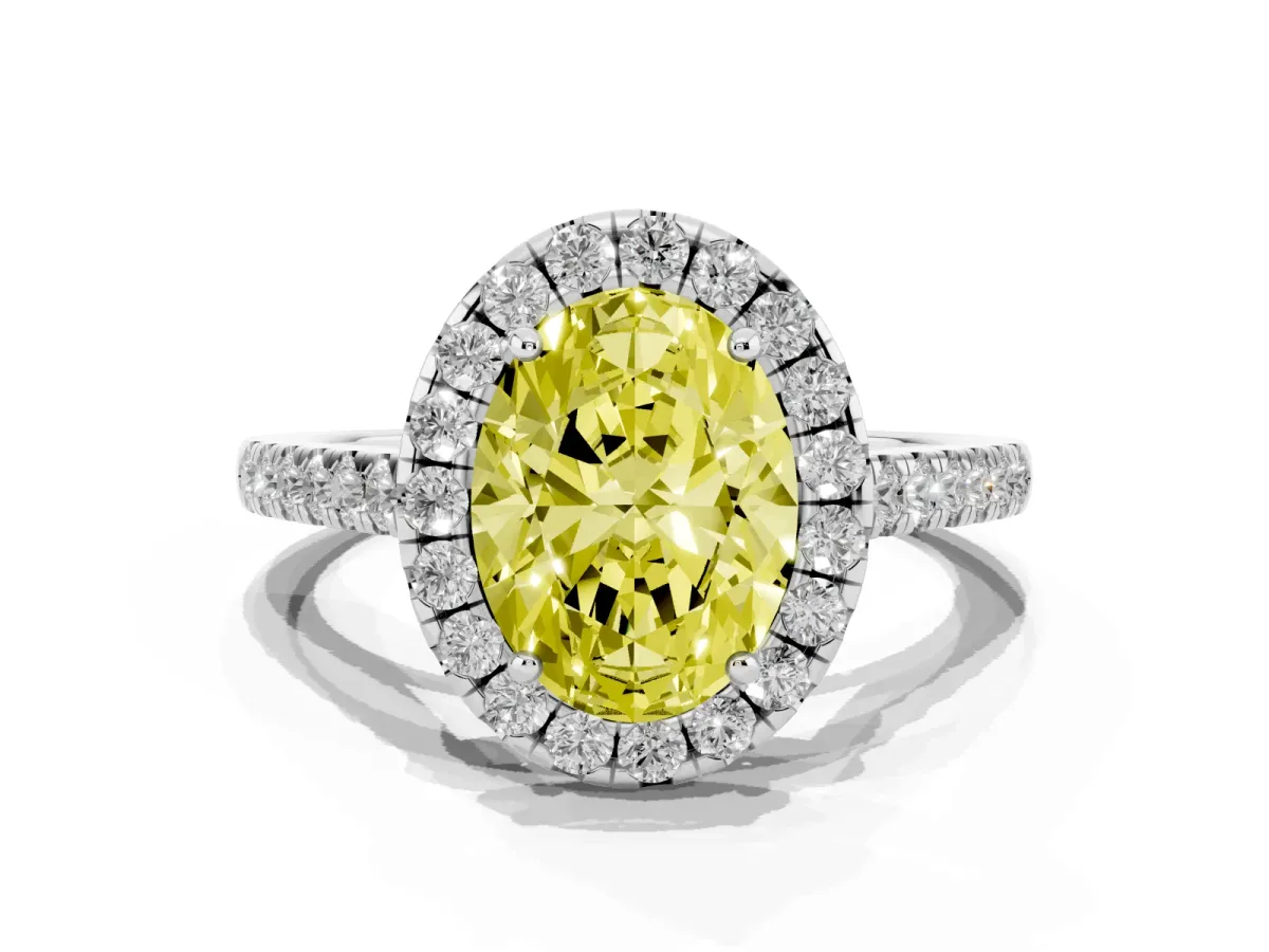 Fancy Yellow Oval Cut Halo Pave Diamond Engagement Ring with Four-Prong Setting Silver