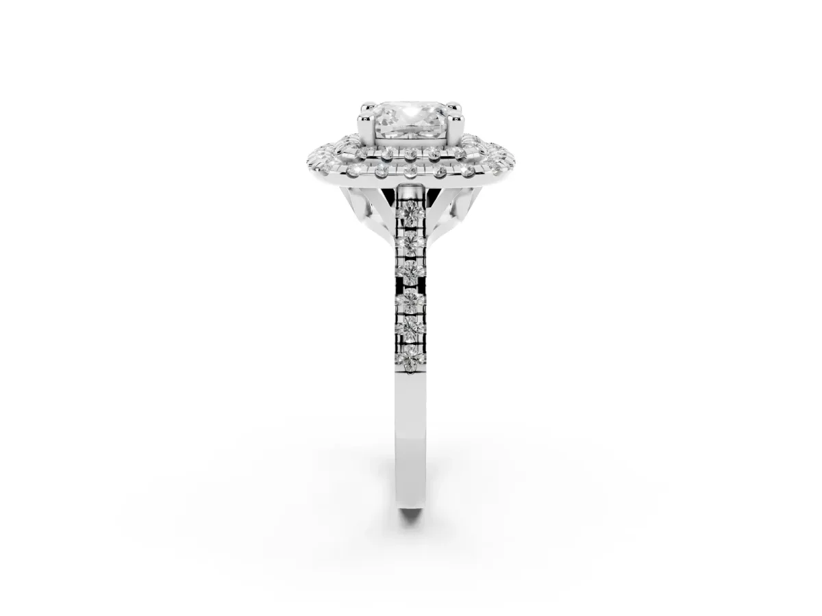 Double Halo Cushion Cut Diamond Pavé Band with Four-Prong Setting Silver