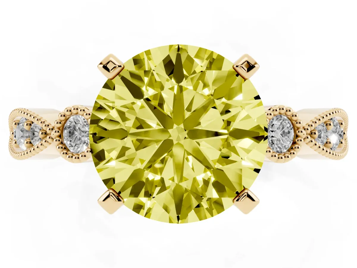 Fancy Yellow Round Cut Milgrain Bezel Diamond Engagement Ring with Solitaire Prong Setting Yellow gold