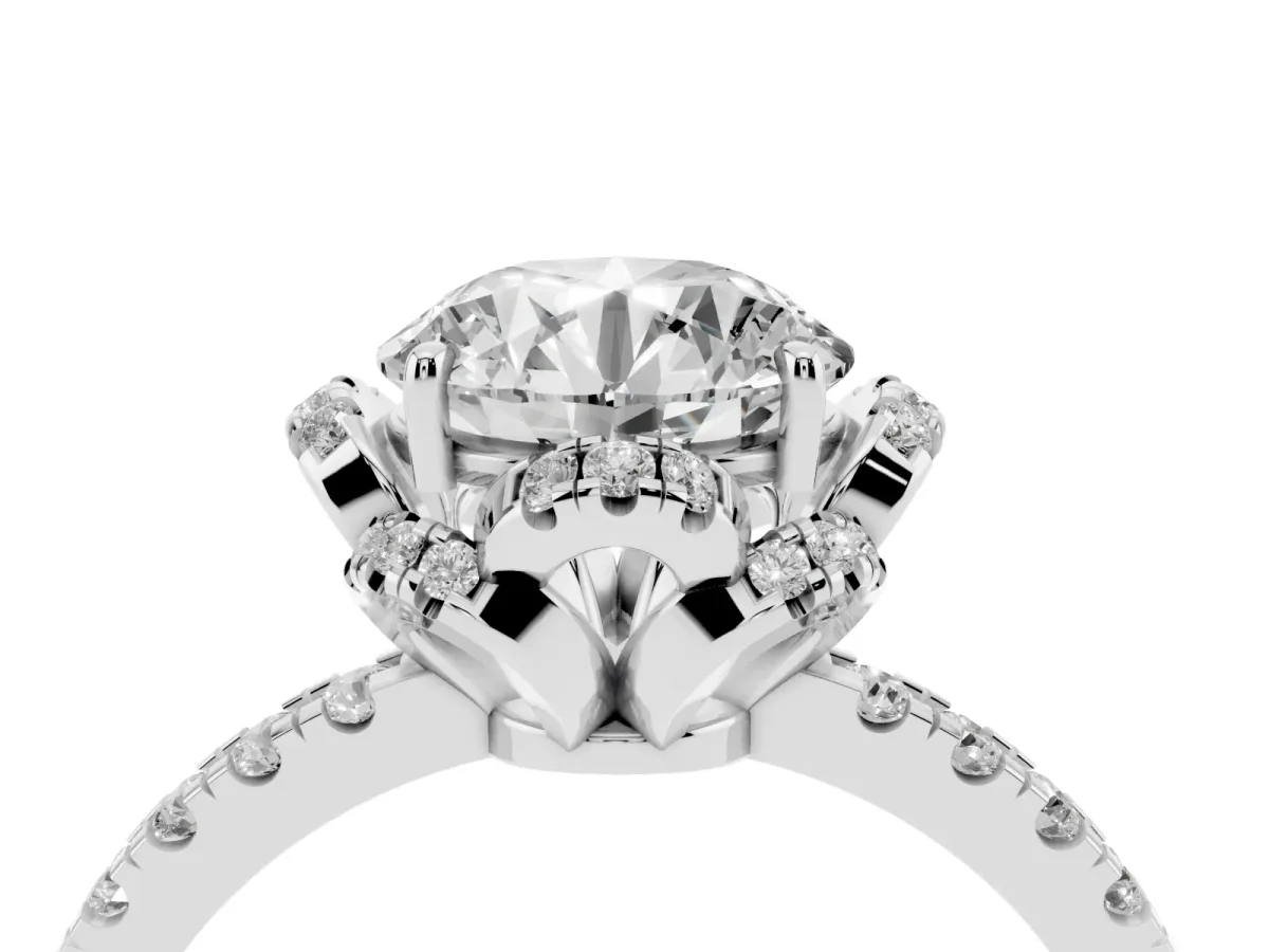 Round Cut Diamond Halo Pave Band with Four-Prong Setting Silver