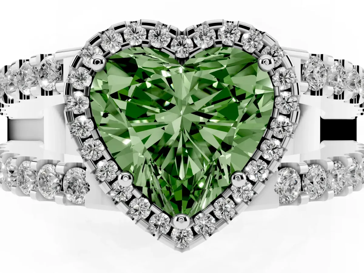 Fancy Green Heart Cut Cut Halo Split Shank Diamond Ring with Four-Prong Setting Silver
