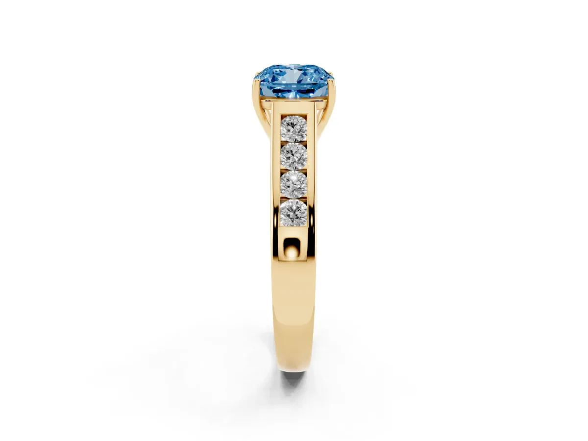 Fancy Blue Cushion Cut Brilliant Channel-Set Solitaire Ring with Four-Prong Setting Yellow gold