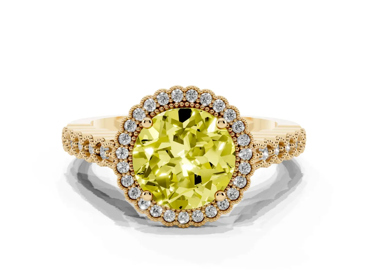 Fancy Yellow Round Cut Cut Halo Pavé Solitaire Ring with Milgrain Band Yellow gold