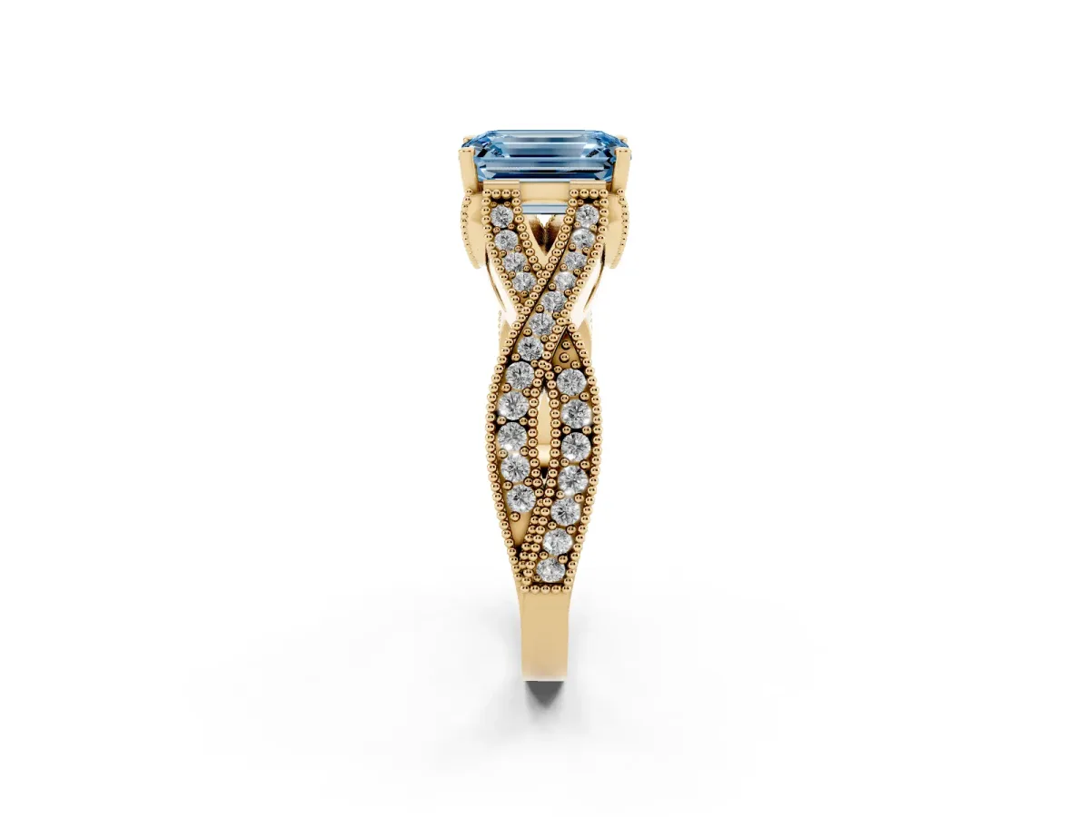 Fancy Blue Emerald Cut Cut Diamond Twisted Band with Milgrain Pave Setting and Four-Prong Setting Yellow gold