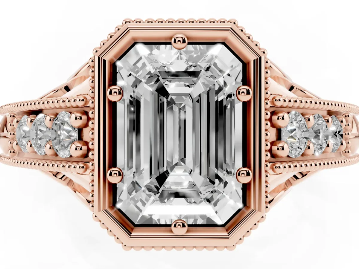 Bezel Set Emerald Cut Diamond Milgrain Pave Engagement Ring Rose gold