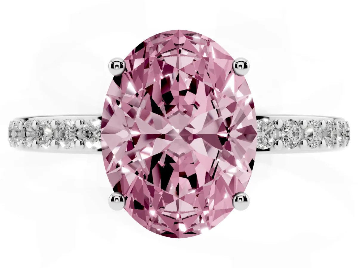 Fancy Pink Oval Cut Cut Diamond Pavé Band Ring with Four-Prong Setting Silver