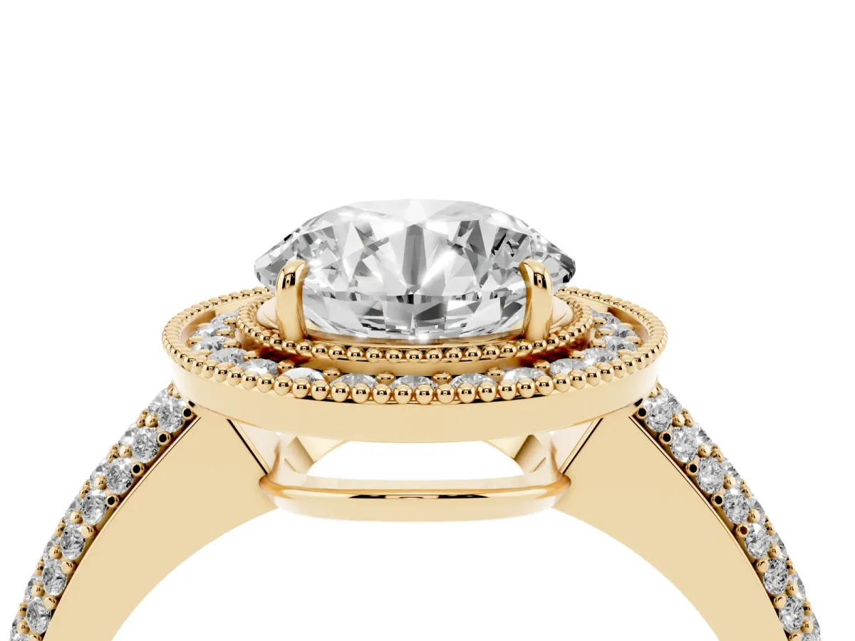 Round Cut Cut Halo Diamond Pave Band with Four-Prong Setting Yellow gold
