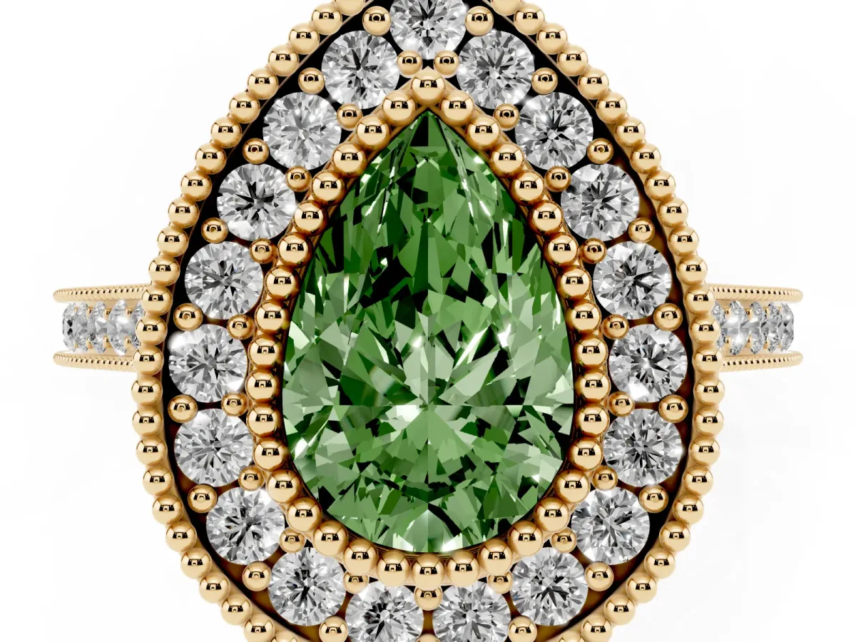 Fancy Green Pear Cut Diamond Halo Ring with Milgrain Frame and Pavé Band Yellow gold