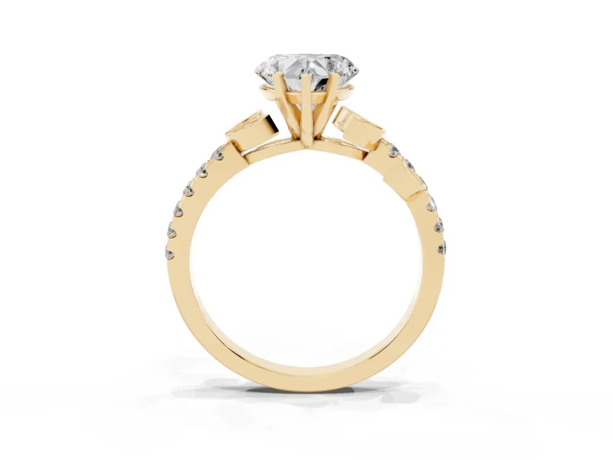 Heart Cut Solitaire Leaf-Inspired Diamond Ring with Pavé Band and Four-Prong Setting Yellow gold