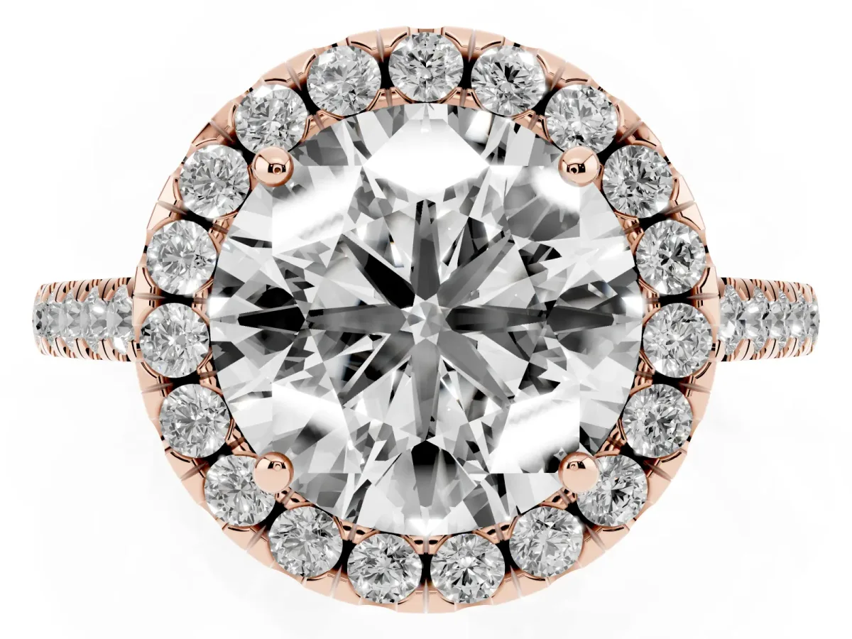 Round Cut Halo Pavé Diamond Engagement Ring with Four-Prong Setting Rose gold