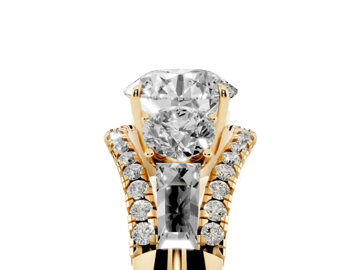 Three-Stone Round Cut Diamond Engagement Ring with Pave Band and Prong Setting Yellow gold