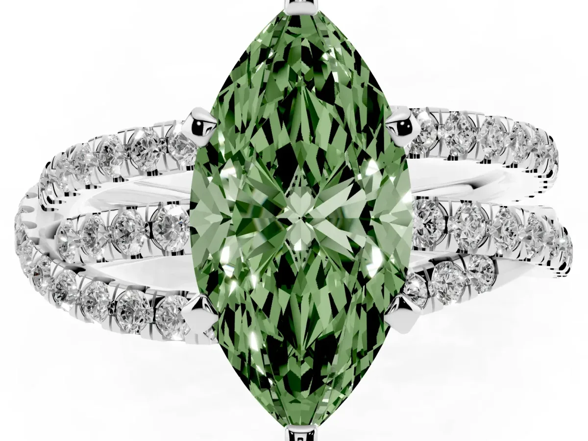 Fancy Green Marquise Cut Solitaire Twist Band with Pavé Setting and Four-Prong Setting Platinum