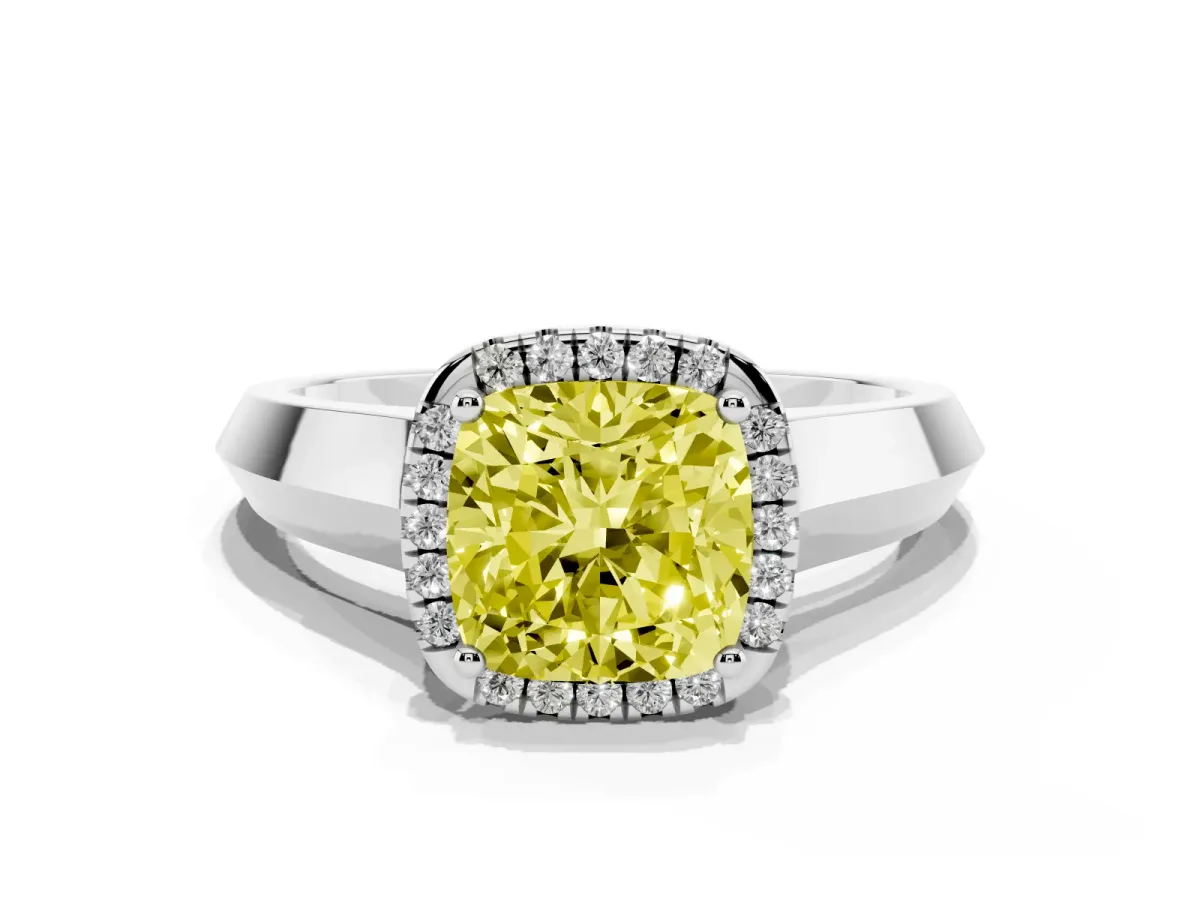 Fancy Yellow Cushion Cut Halo Diamond Ring with Cathedral Band and Four-Prong Setting Silver