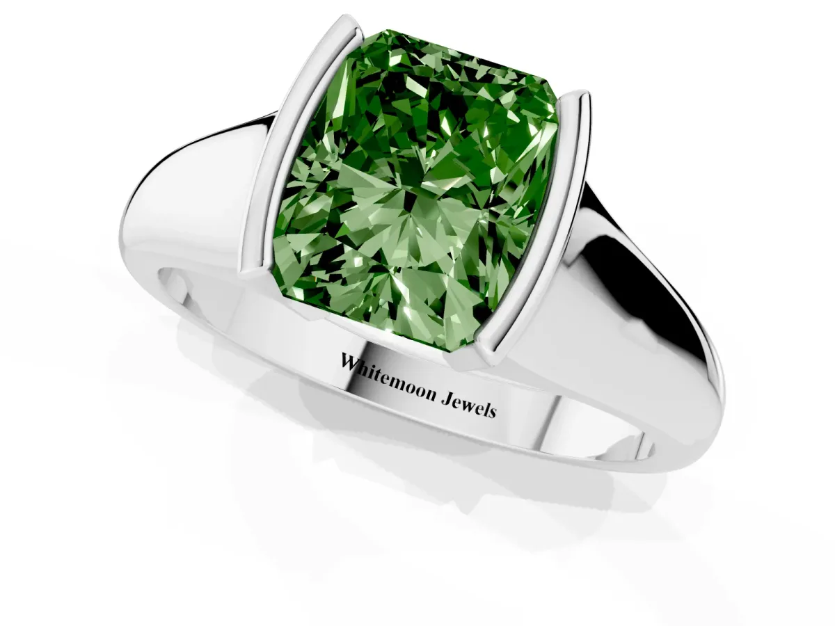 Fancy Green Radiant Cut Solitaire Tension Set Diamond Ring with Split Shank Band Silver