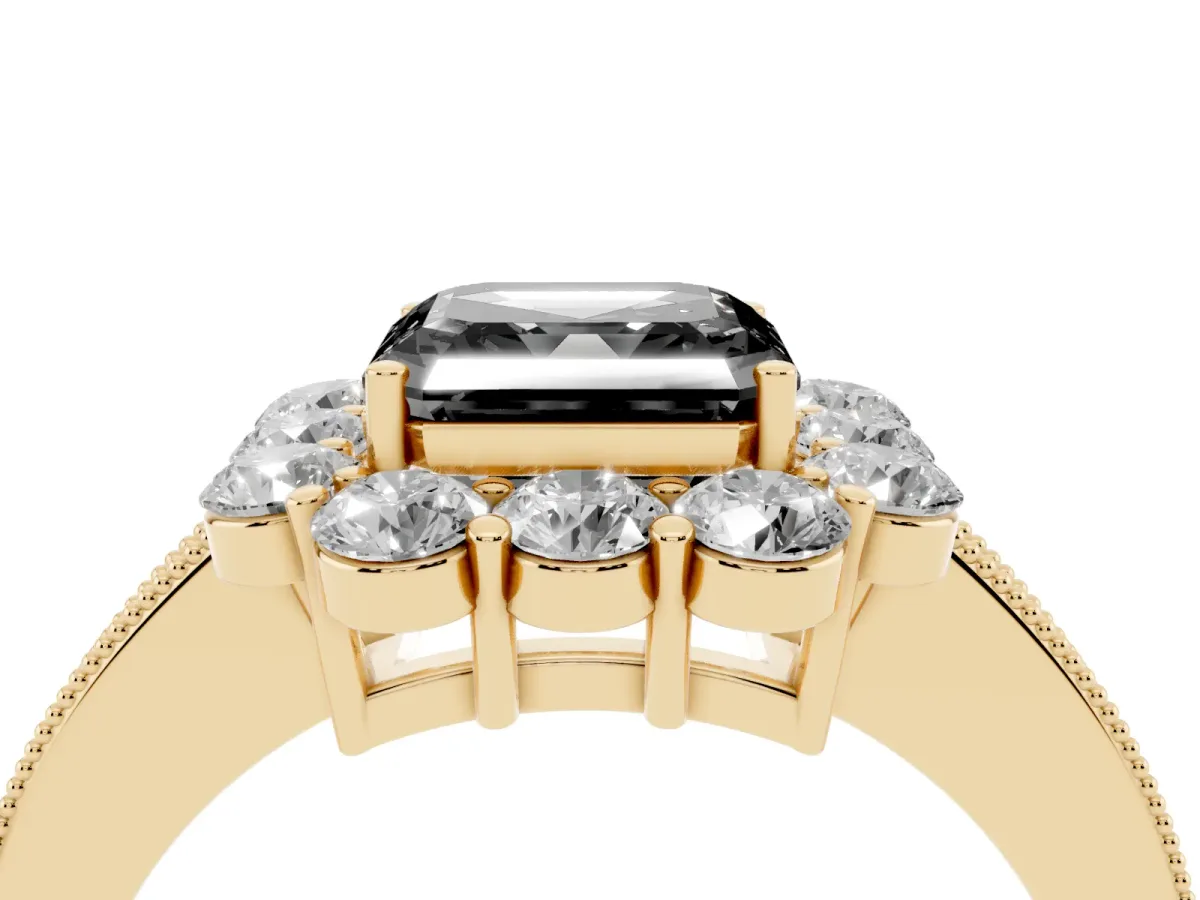 Fancy Black Asscher Cut Cut Halo Diamond Pavé Engagement Ring with Milgrain Detailing Yellow gold