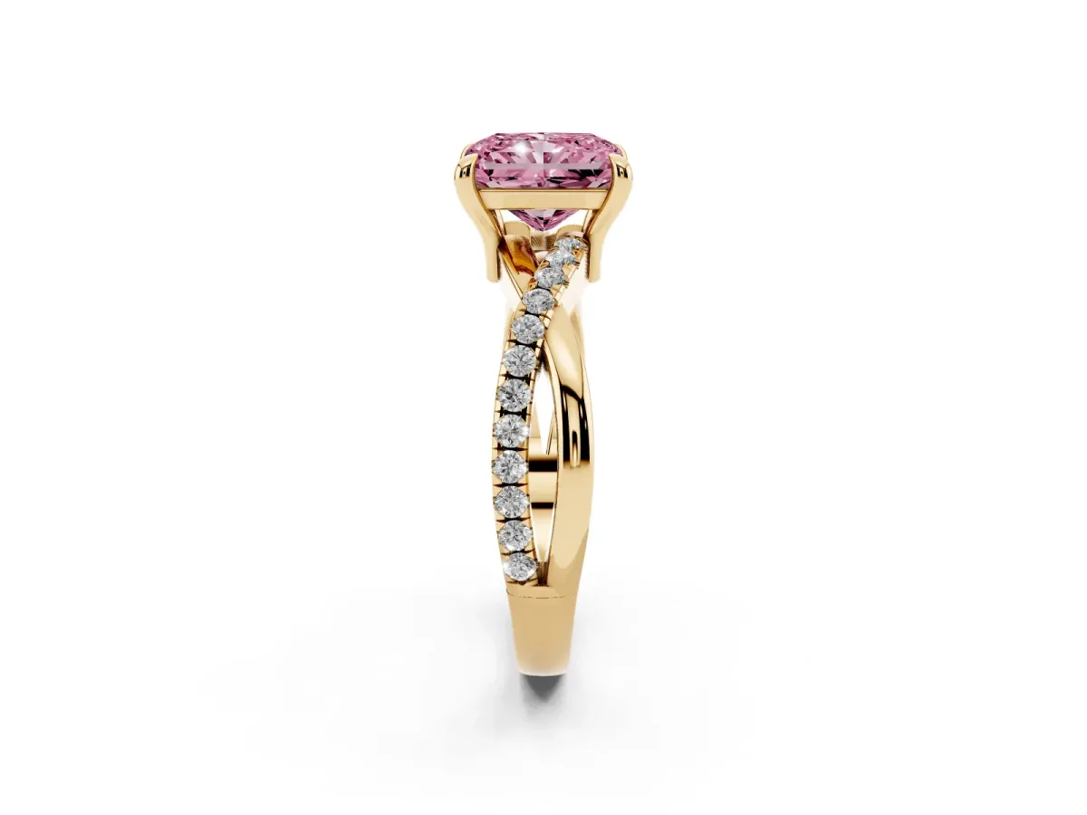 Fancy Pink Radiant Cut Cut Diamond Twist Band Solitaire with Prong Setting Yellow gold