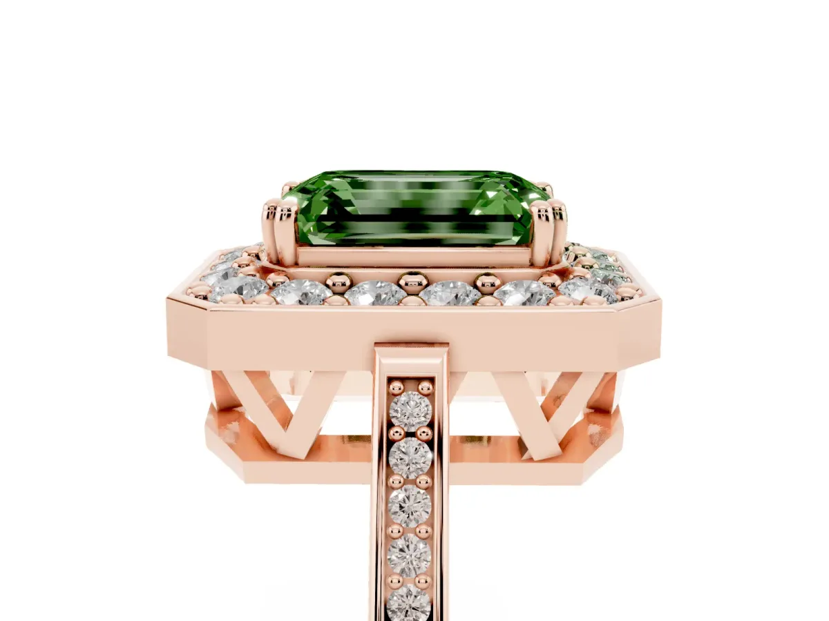 Fancy Green Emerald Cut Diamond Halo Ring with Split Shank and Four-Prong Setting Rose gold