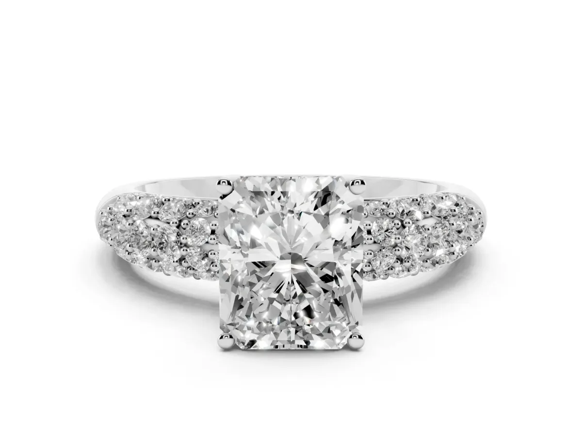Radiant Cut Diamond Pavé Band Solitaire Ring with Four-Prong Setting Silver
