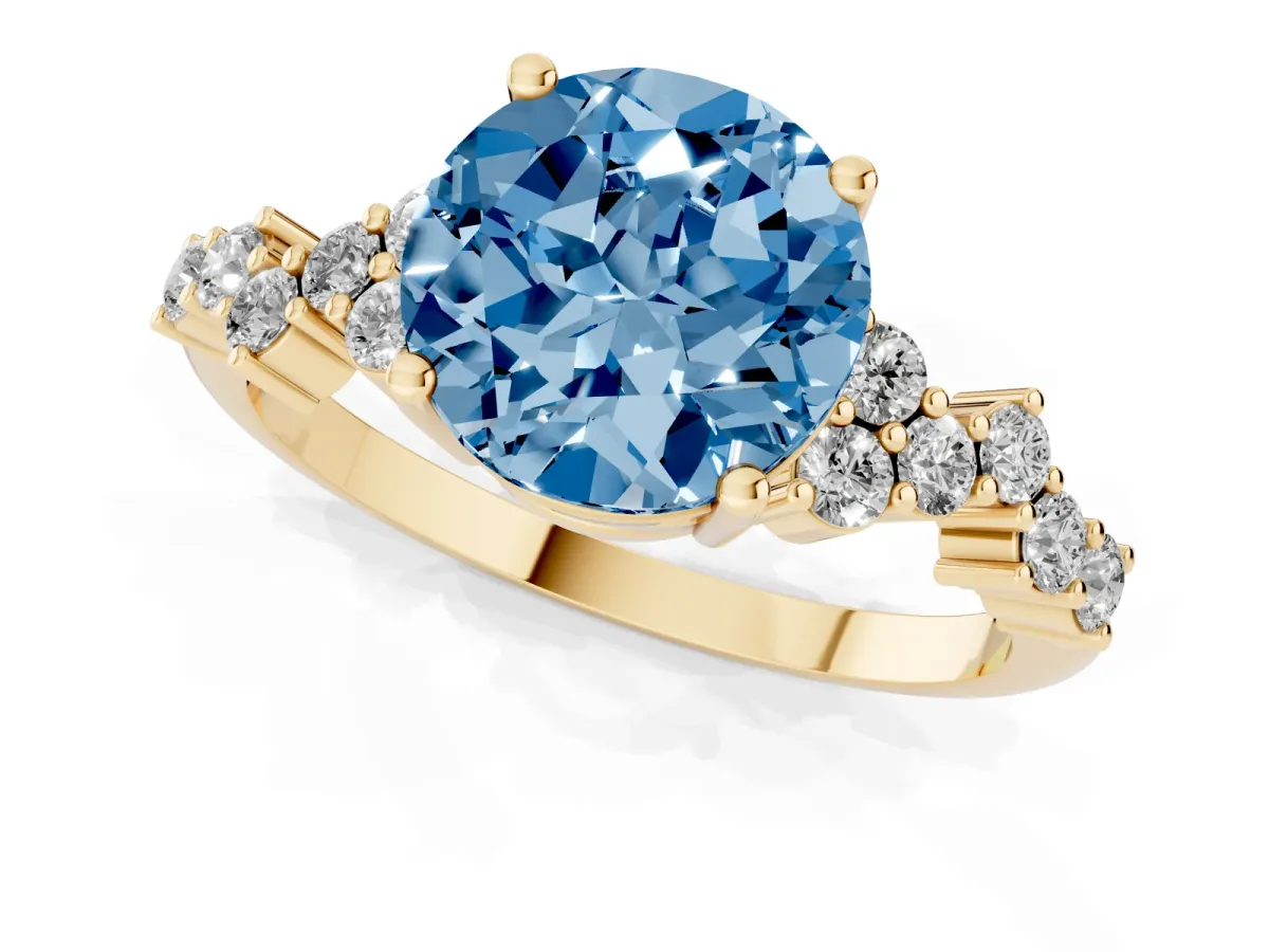 Fancy Blue Round Cut Diamond Scattered Round Accent Ring with Prong Setting Yellow gold