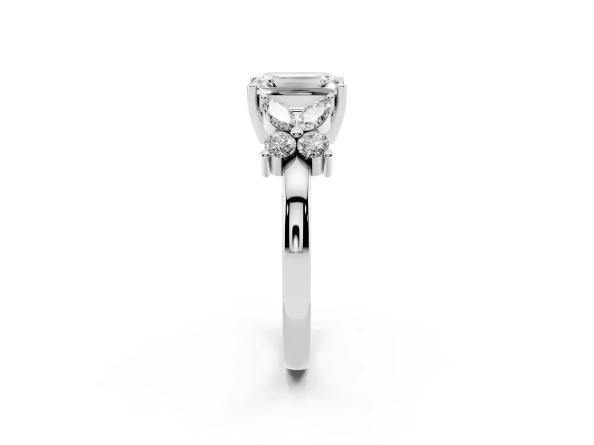 Emerald Cut Diamond Floral Cluster Ring with Solitaire Band and Prong Setting Silver