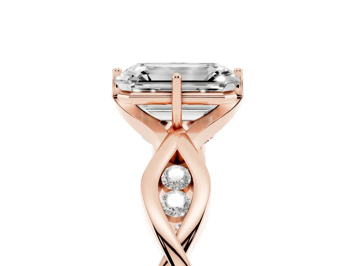 Emerald Cut Solitaire Twist Band with Leaf Prong Setting Rose gold