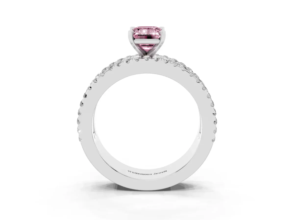Fancy Pink Emerald Cut Diamond Solitaire Ring with Pavé and Channel Set Band Silver