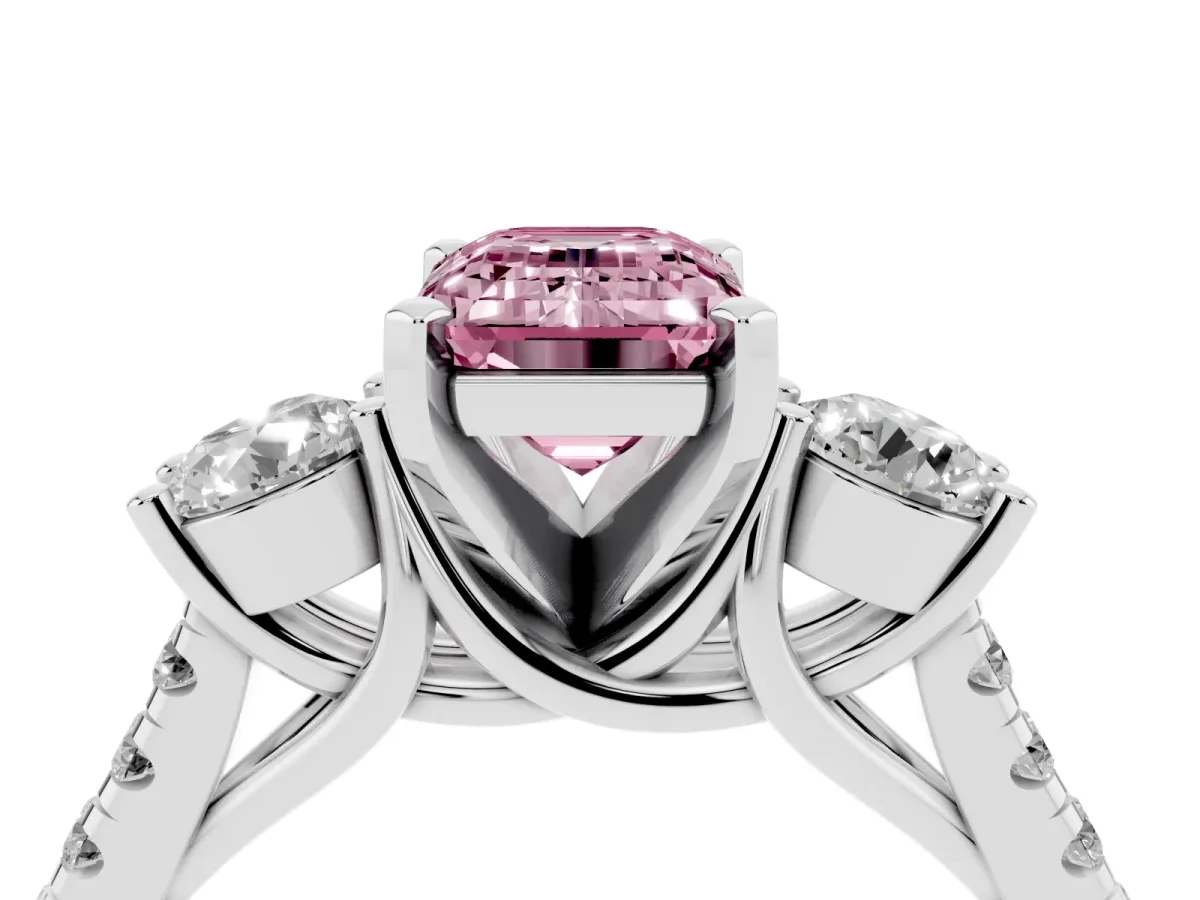 Fancy Pink Three-Stone Emerald Cut Diamond Pavé Band with Four-Prong Setting Platinum