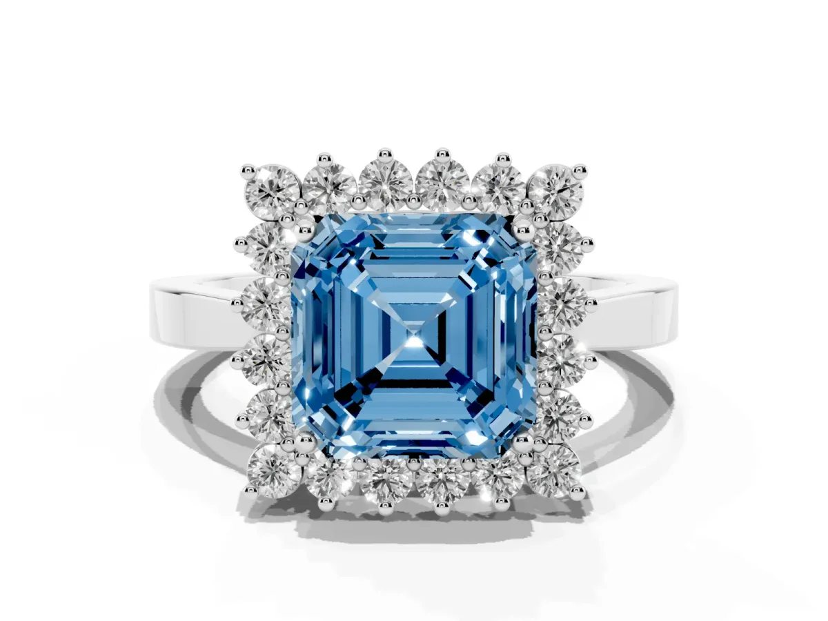 Fancy Blue Asscher Cut Cut Diamond Halo Ring with Round Brilliant Halo and Solitaire Band Platinum