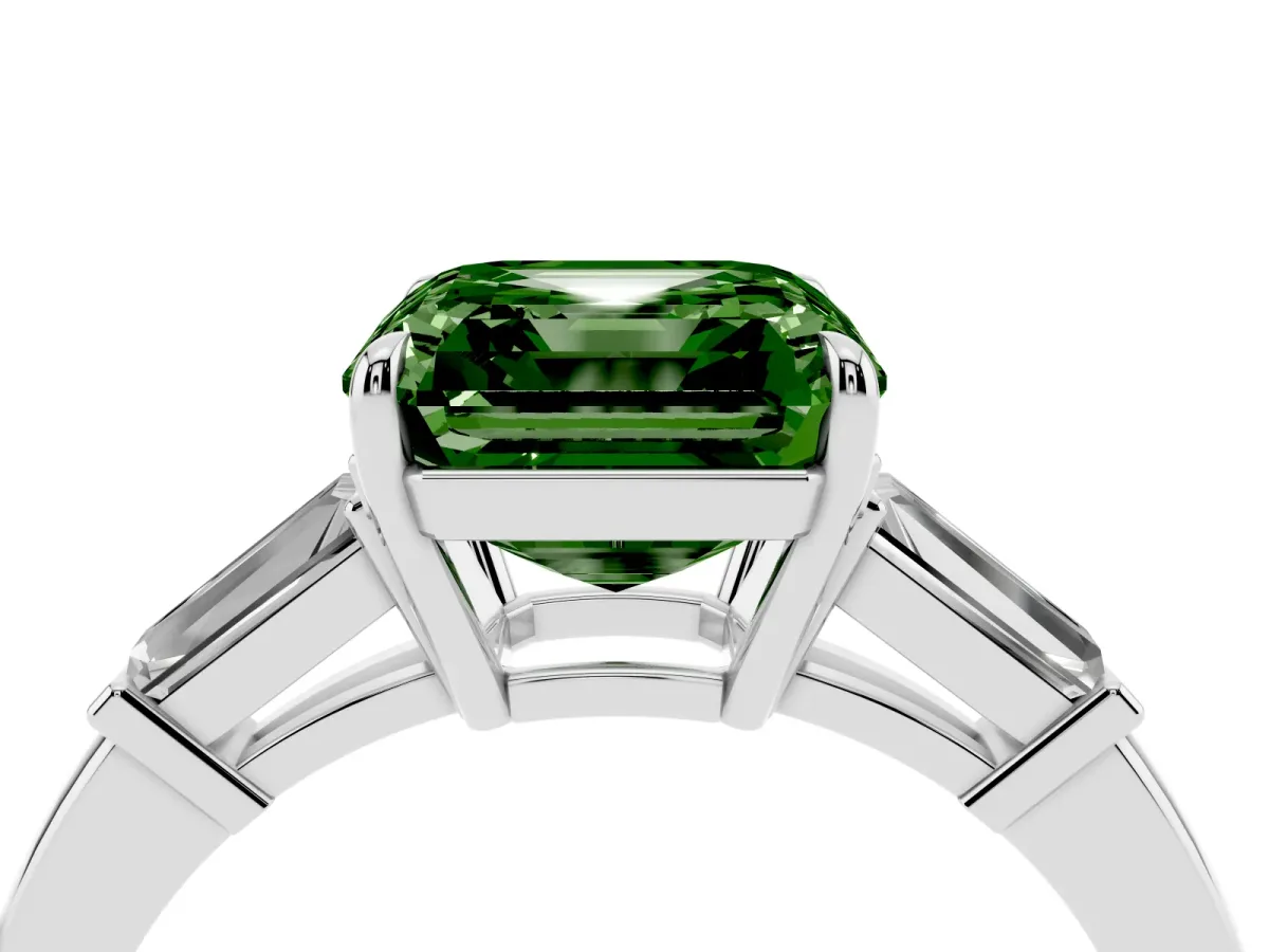 Fancy Green Asscher Cut Diamond Three-Stone Ring with Tapered Baguette Side Stones and Prong Setting Silver