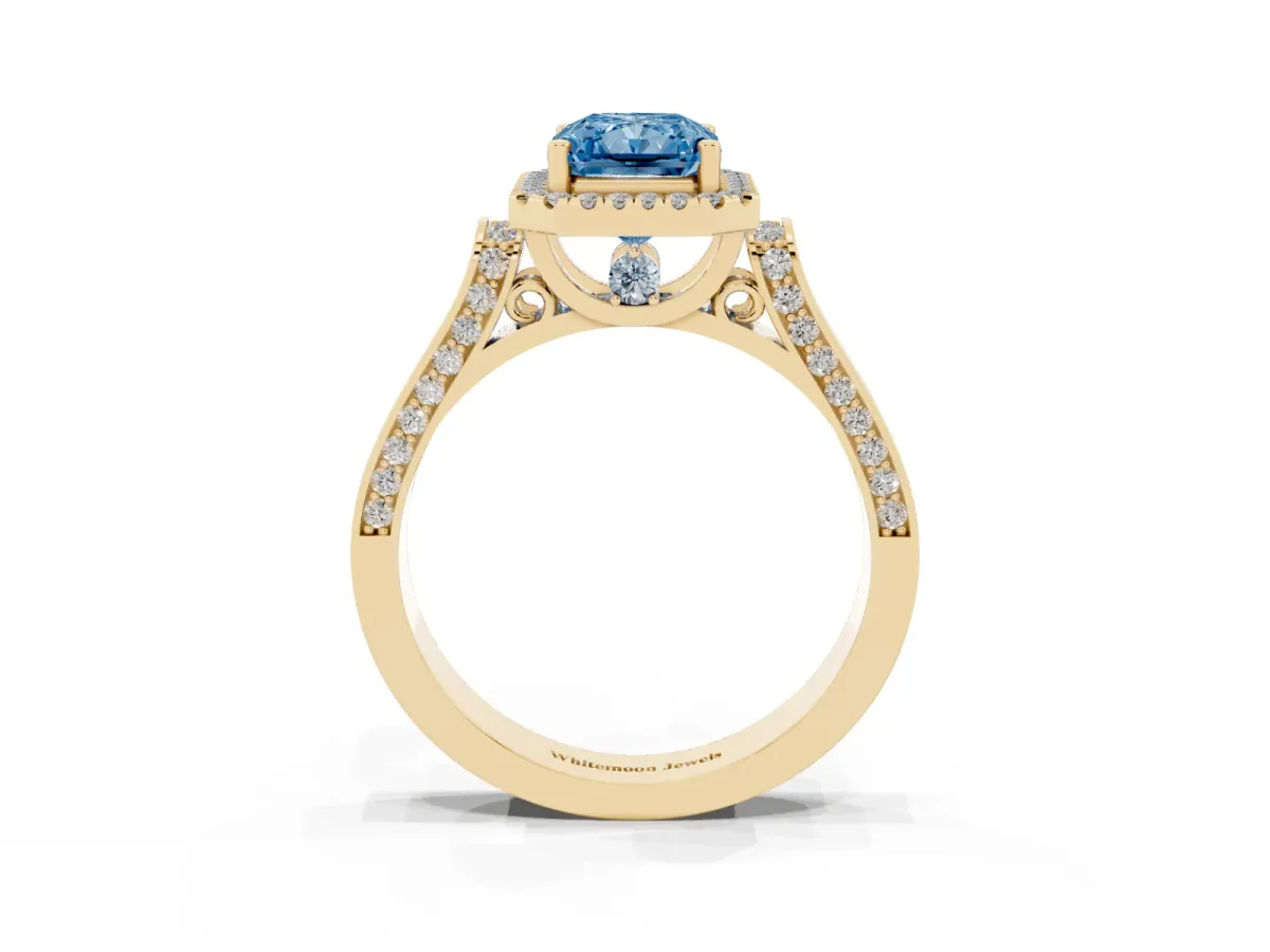 Fancy Blue Radiant Cut Halo Round Diamond Twist Band with Four-Prong Setting Yellow gold