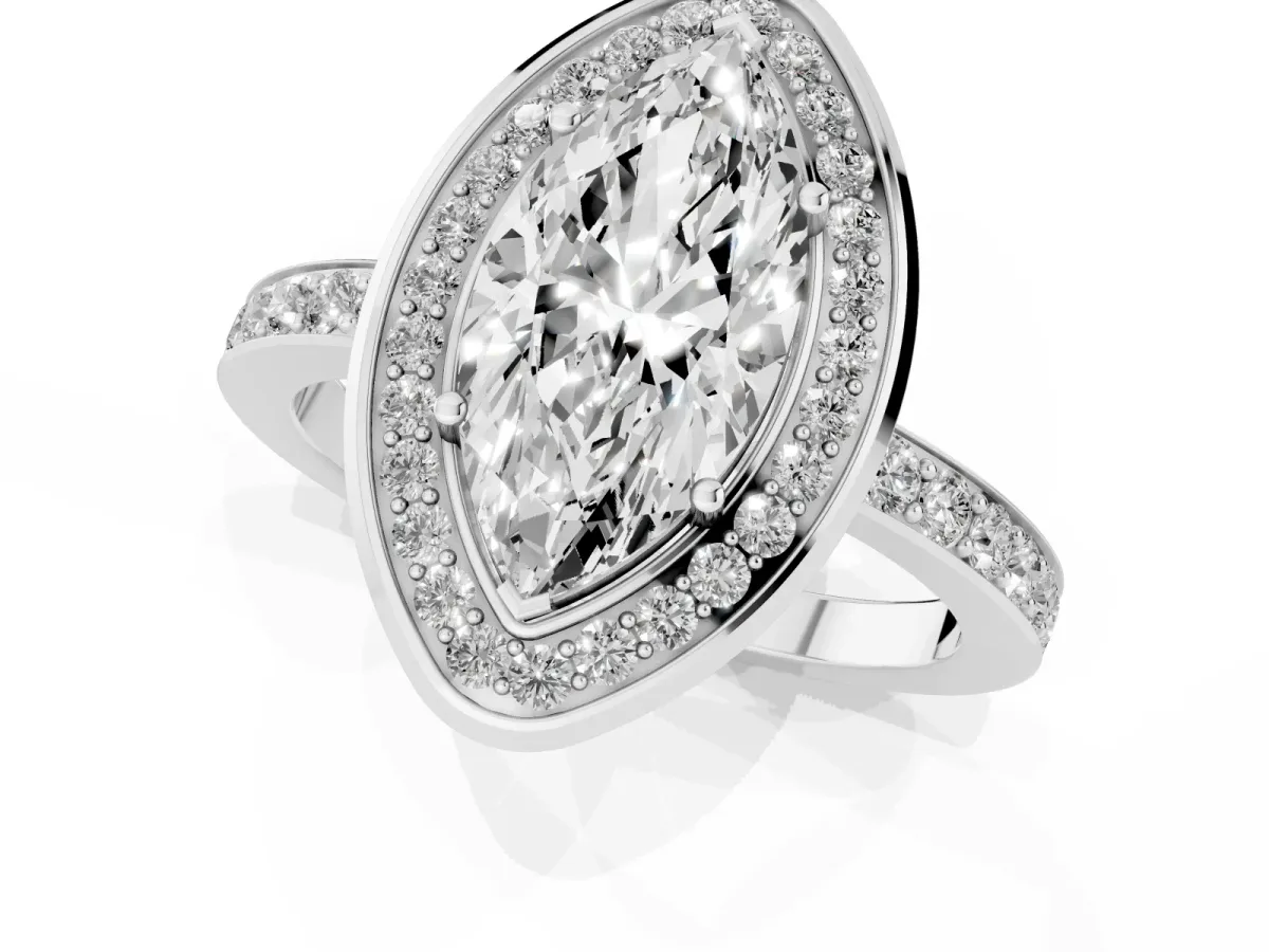 Marquise Cut Diamond Halo Ring with Bezel Frame and Pavé Band Silver