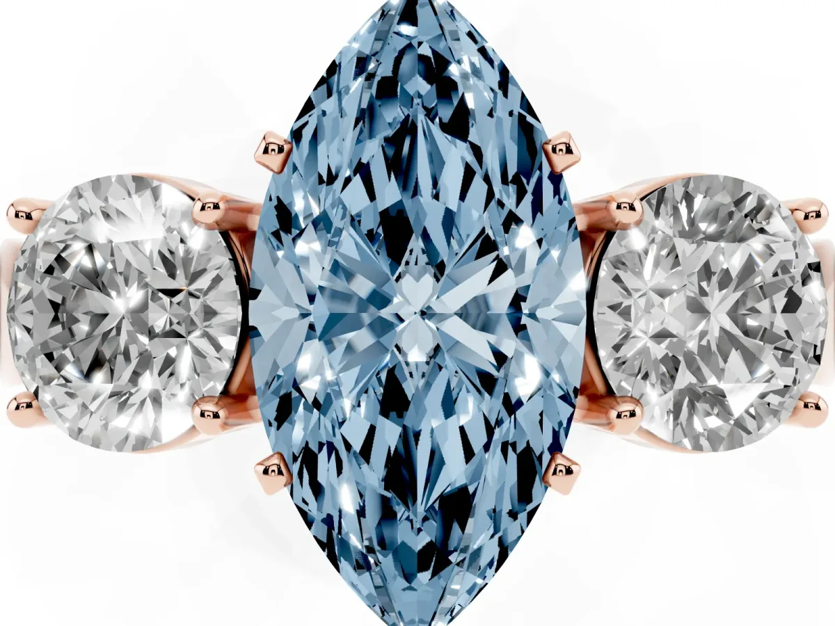 Fancy Blue Three-Stone Marquise Cut Diamond Ring with Round Side Stones, Classic Band, and Four-Prong Setting Rose gold