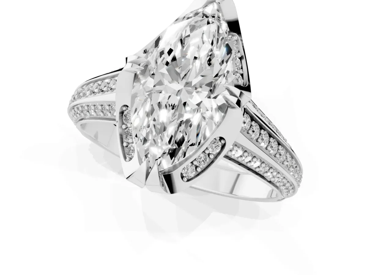 Marquise Cut Solitaire Pave Split Shank Ring with Four-Prong Setting White gold