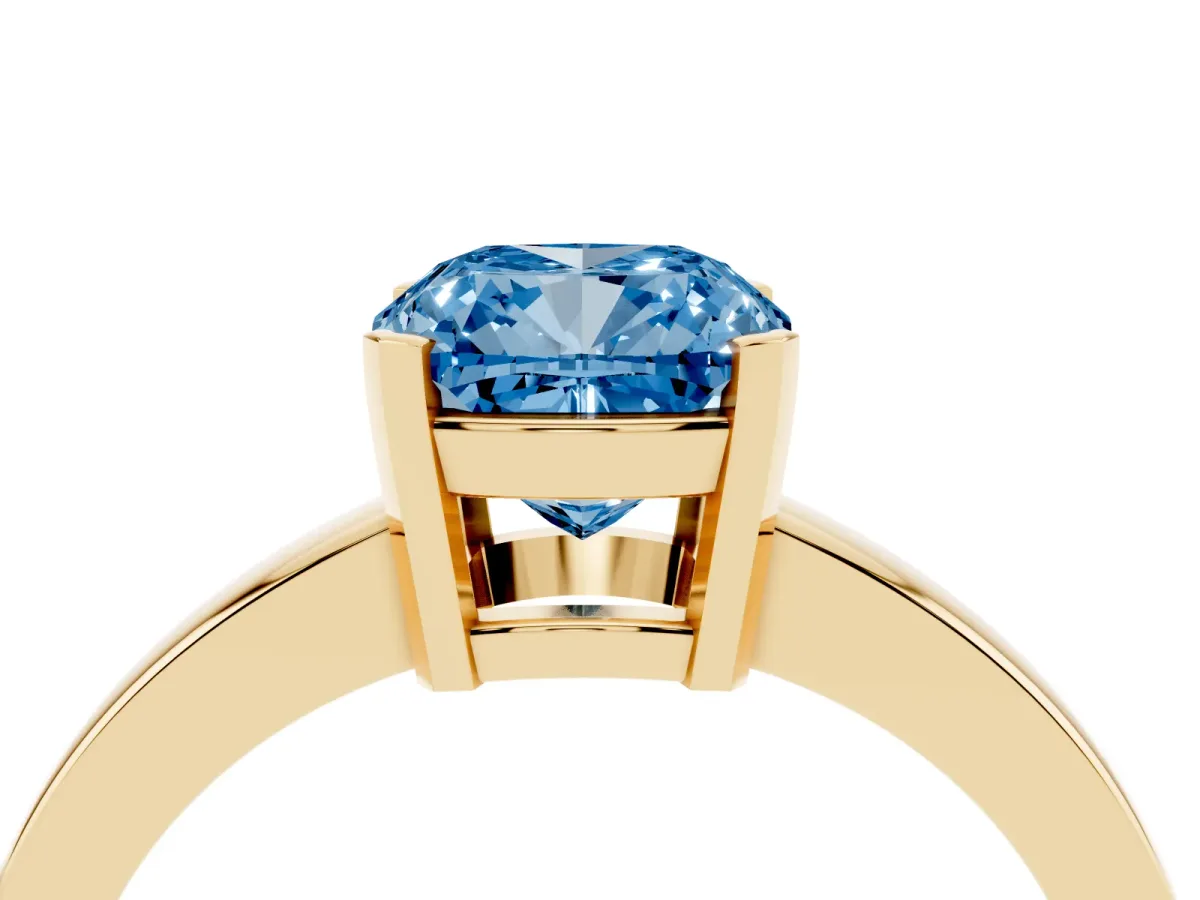 Fancy Blue Cushion Cut Cut Solitaire Ring with Four-Prong Setting and Classic Band Yellow gold