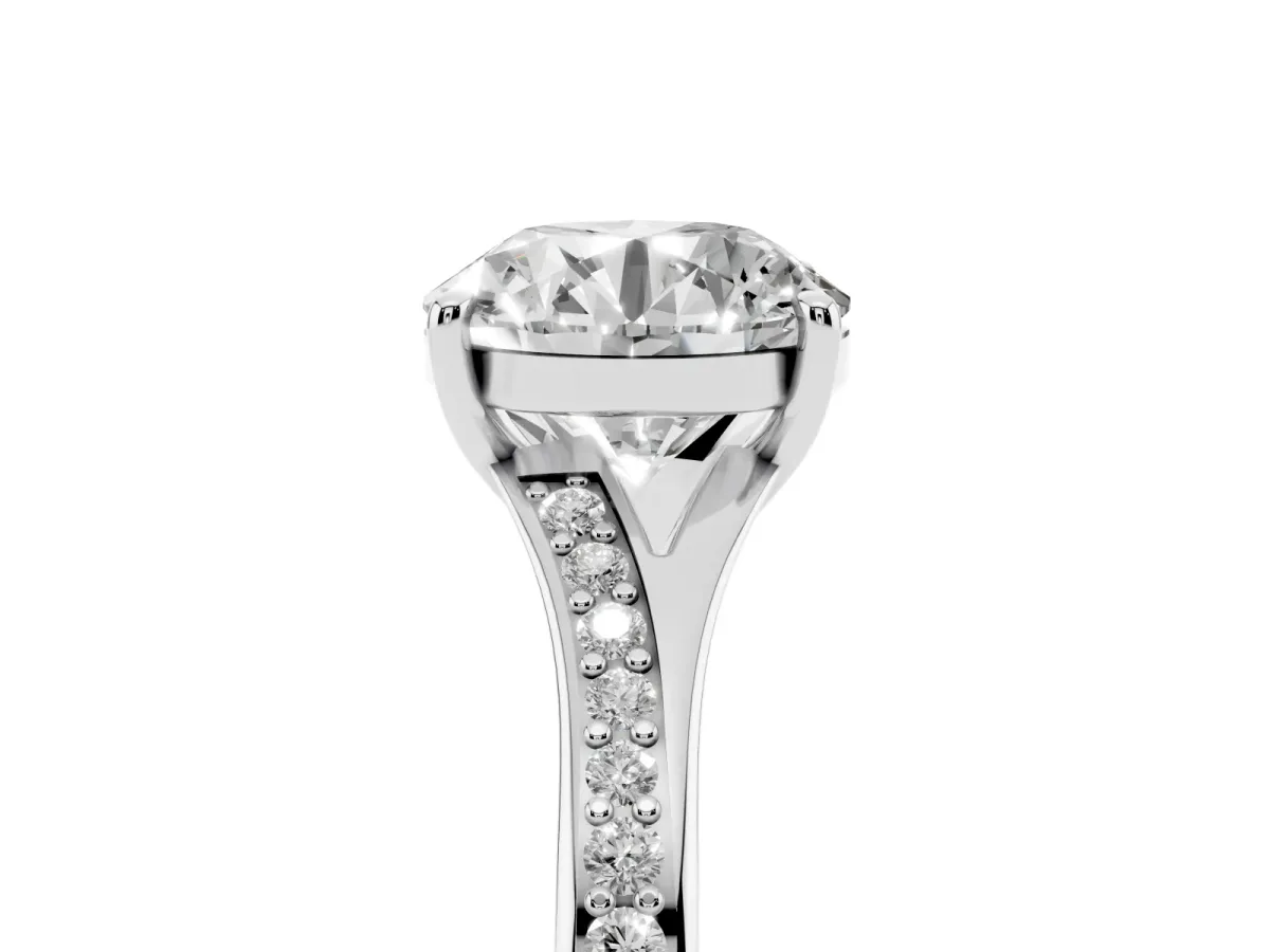 Round Cut Diamond Solitaire Ring with Pavé Band and Prong Setting Platinum