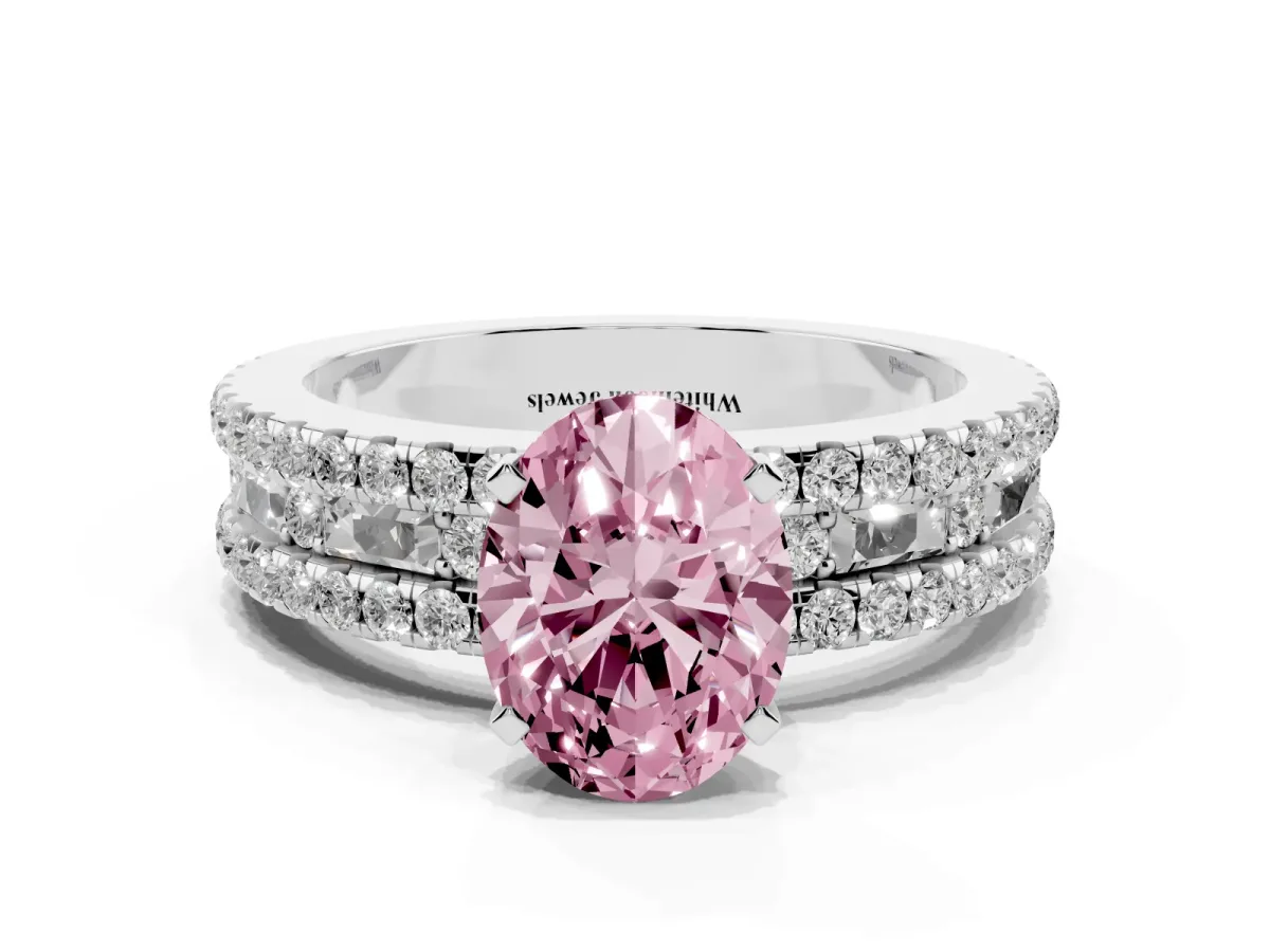 Fancy Pink Oval Cut Diamond Solitaire Ring with Pavé and Channel Set Band Silver