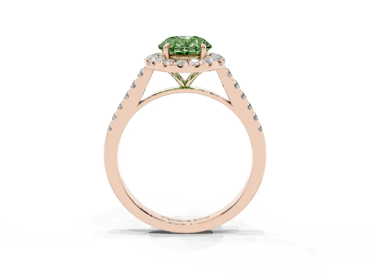 Fancy Green Oval Cut Halo Pave Diamond Engagement Ring with Four-Prong Setting Rose gold