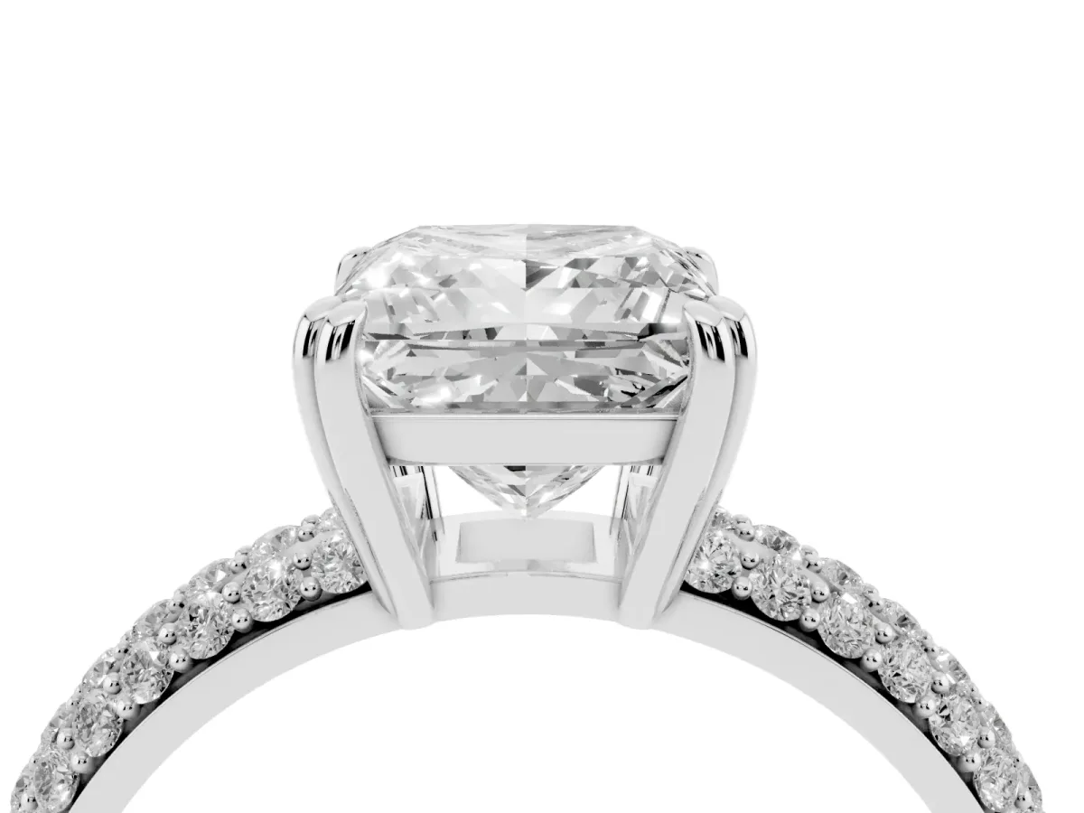 Princess Cut Diamond Solitaire Ring with Multi-Row Round Pavé Band and Prong Setting Silver