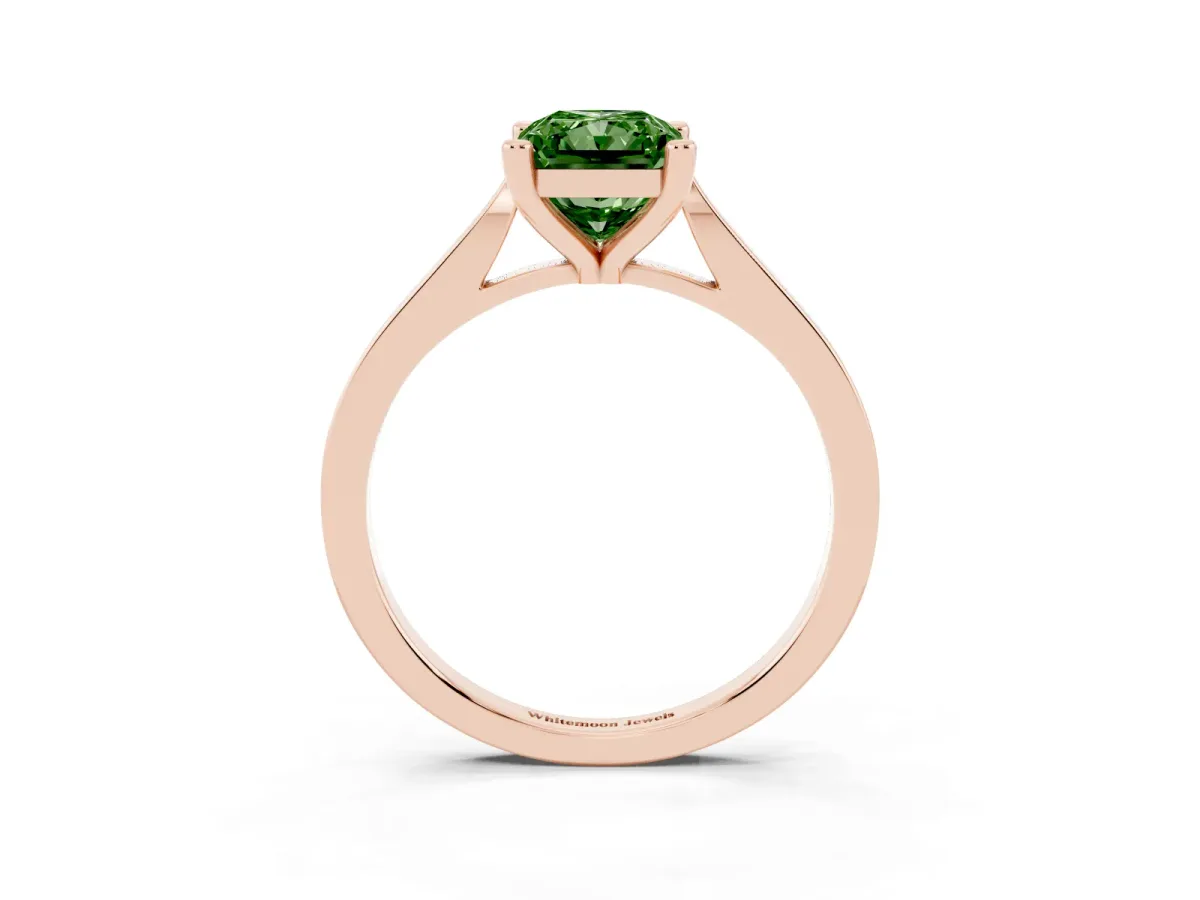 Fancy Green Radiant Cut Solitaire Diamond Ring with Four-Prong Setting and Tapered Band Rose gold